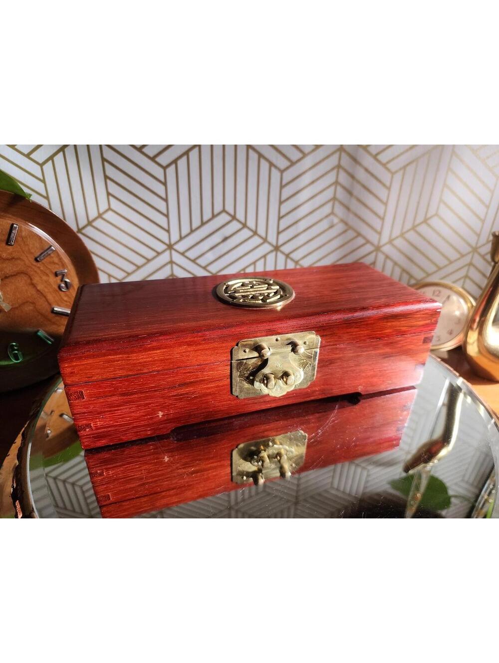 Vintage Chinese Rosewood Jewelry Dresser Box with Ornate Brass Hardware